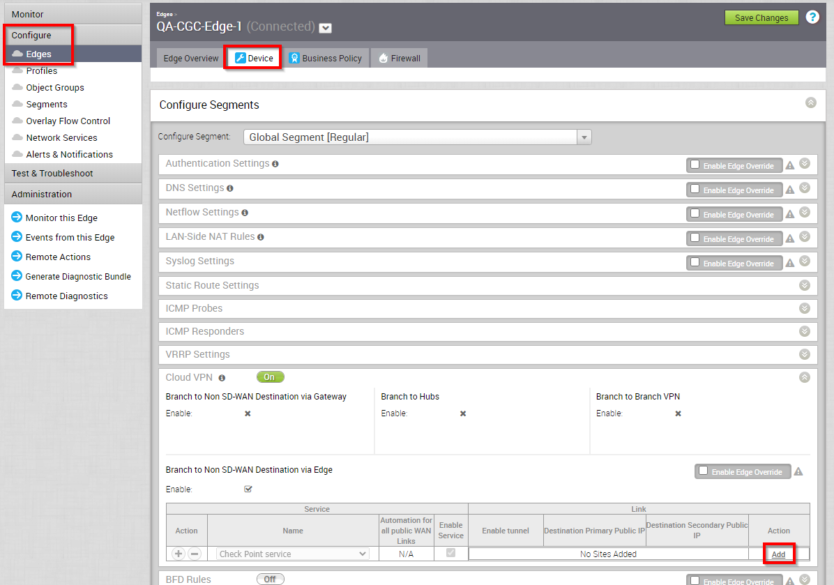 Configuring VeloCloud on the SDWAN Device