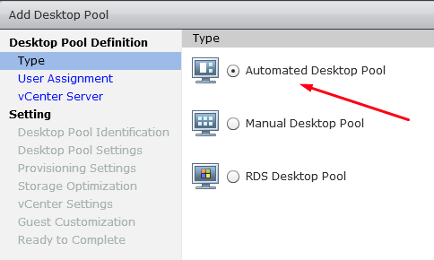 Add Desktop Pool - Type panel