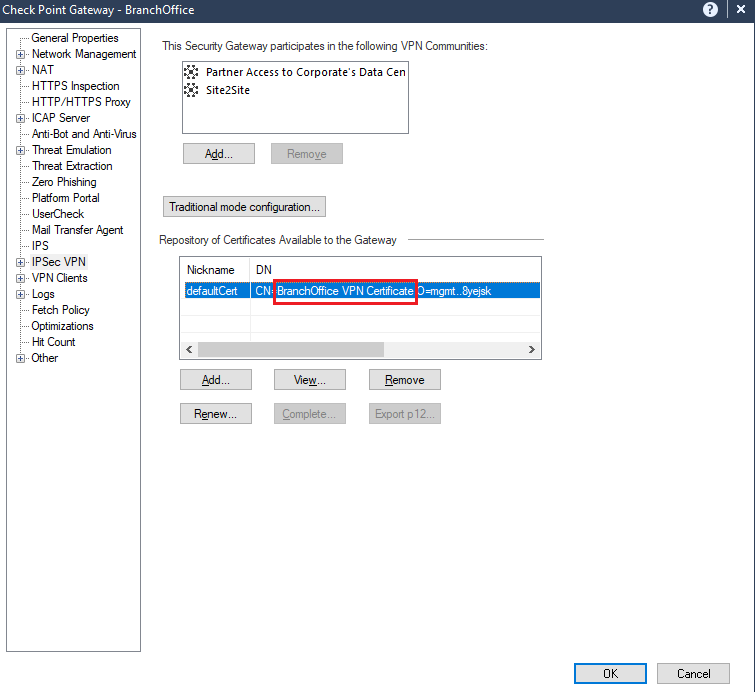 Repository of Certificates Available to the Gateway with the DN column expanded.