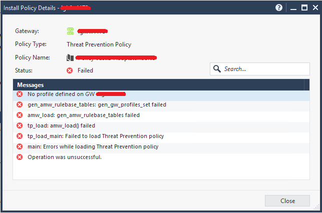 Threat Prevention Policy Installation Fails With Error Messages