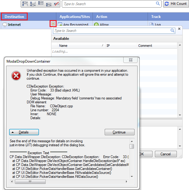 Bad Object Xml Error In Smartdashboard When Trying To Add Source Or Destination In Application Url Filtering Rule