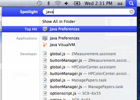 In Spotlight, type "Java Preferences" and select it from the list of available items.